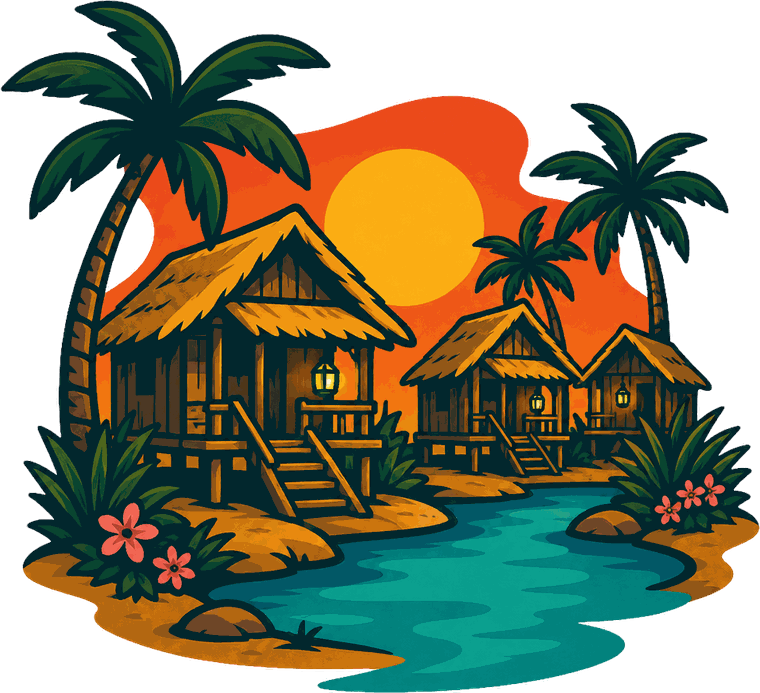 Illustration des Cabanes du Soleil : cabanes en bois dans la palmeraie au coucher de soleil