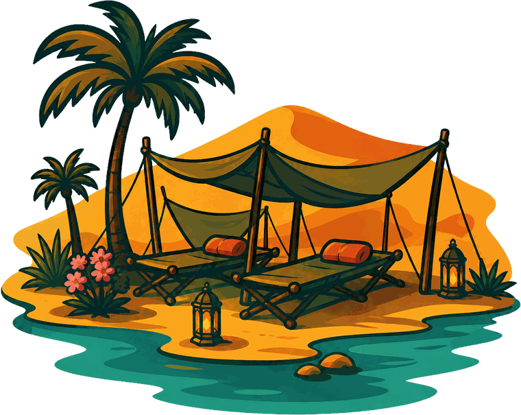 Illustration du Camp des Dunes : tente et lits de camp sur le sable au bord de l'eau