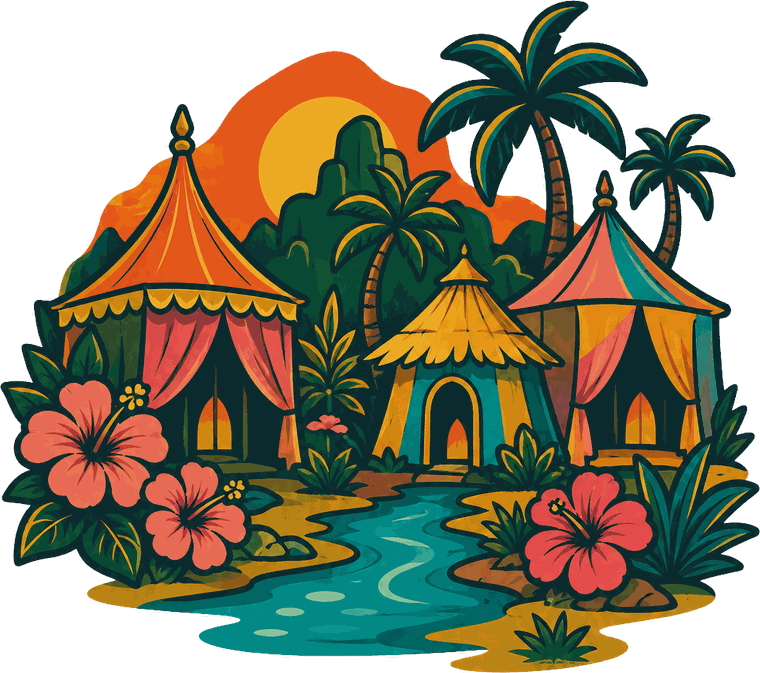 Illustration du Village Hibiscus : tentes colorées entourées de grandes fleurs d'hibiscus
