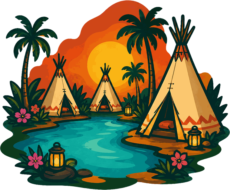 Illustration du Lagon des Courageuses : tipis autour d'un lagon au coucher de soleil