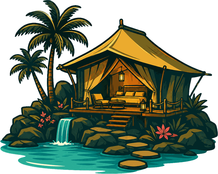 Illustration du Refuge Lagon : lodge premium au bord de l'eau avec cascade